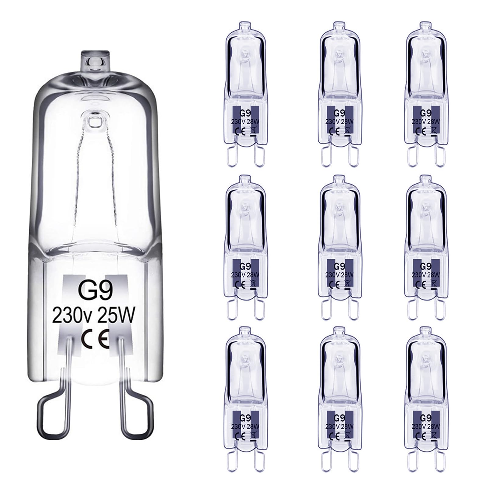 Xiansini 10-Pack G9 Halogen Light Bulbs, 230V 25W Dimmable Capsule Bulbs for Ceiling Lights, 300℃ Heat-Resistant, 3000K Warm White Halogen Bulbs Suitable for Ovens, Landscape Lights & Desks