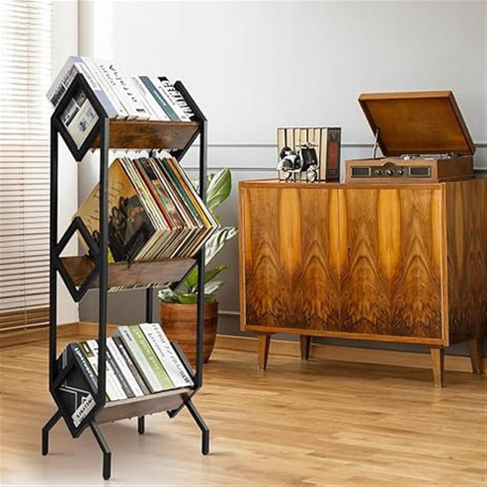 Scaffale portaoggetti per dischi in vinile, organizer rimovibile da pavimento per dischi, CD, riviste e giornali, struttura in ferro resistente