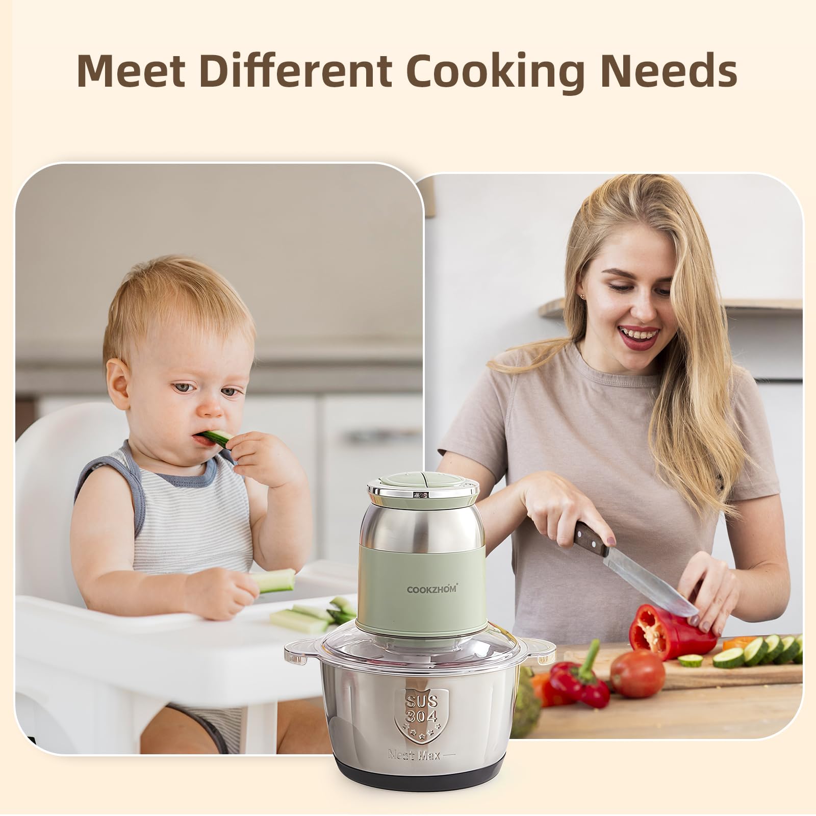 Procesador de alimentos verdes, picadora de carne eléctrica de 500 W con tazón de acero inoxidable de 8 tazas y 4 cuchillas afiladas, picadora de alimentos y picadora de verduras para uso 6