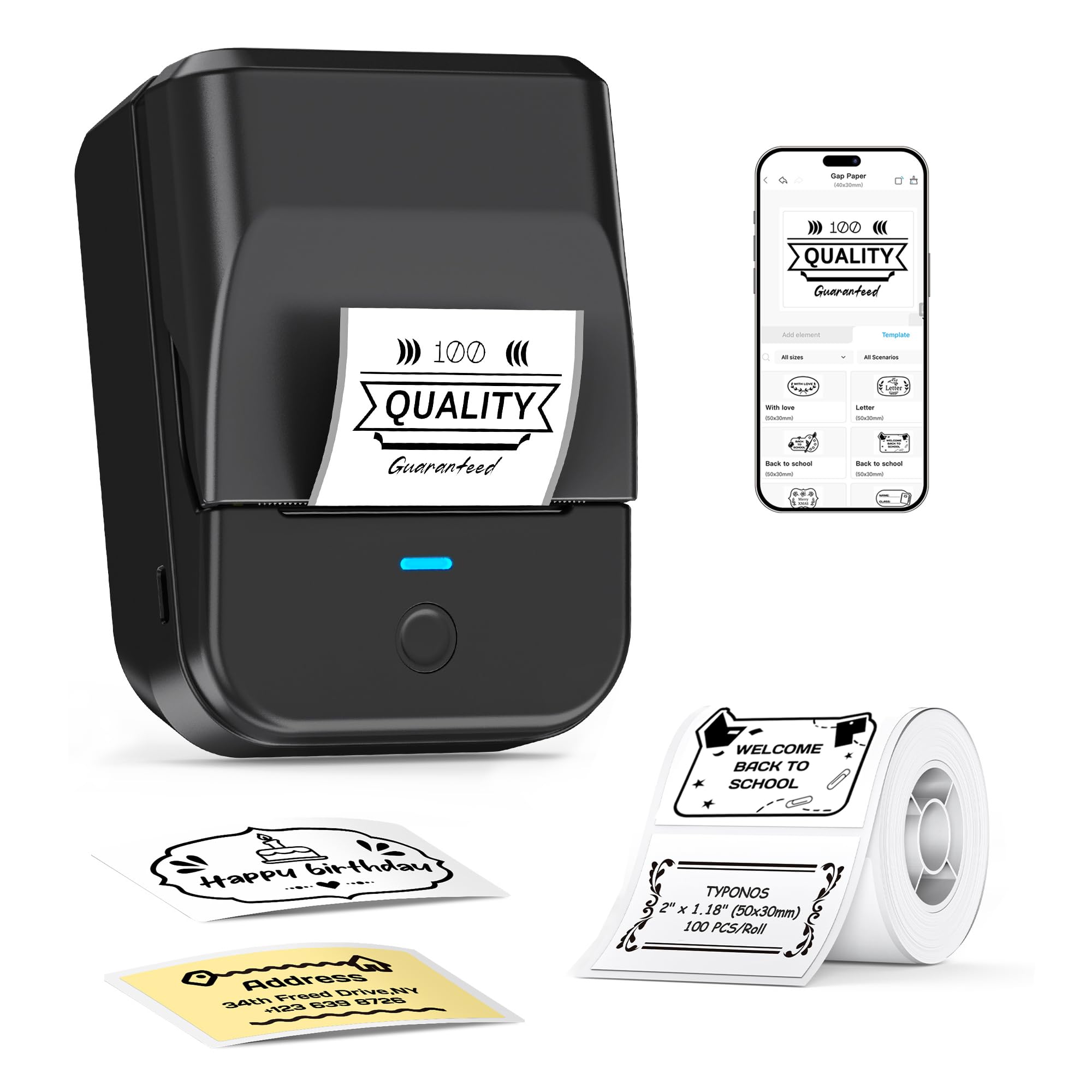 TYPONOS PM240 Label Maker Machine with Tape, Label Printer Black