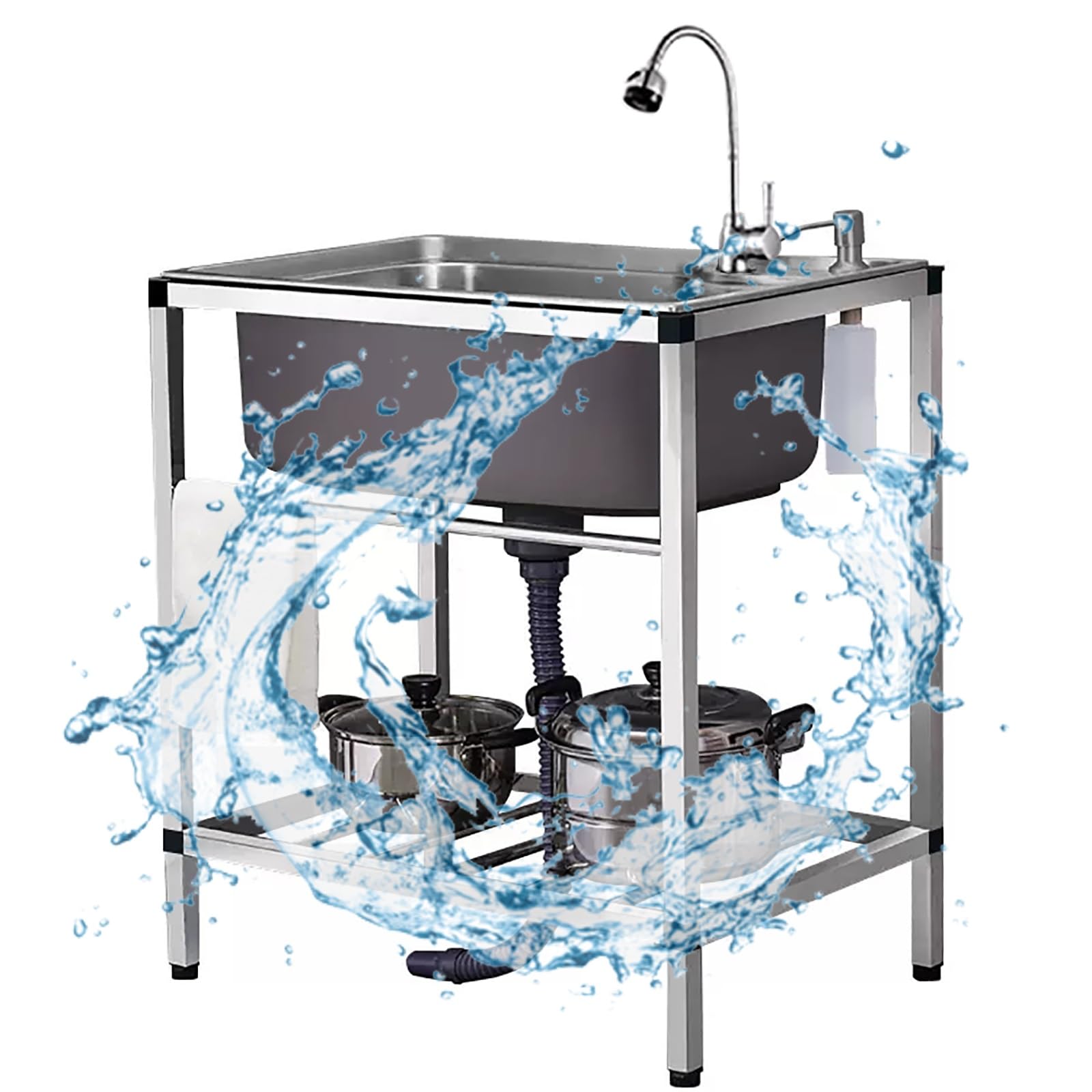 Stainless Steel Kitchen Sink,Commercial Restaurant Sink,304 Stainless Steel Single Bowl,Outdoor Kitchen Sink Free Standing,for Kitchen Bathroom Restaurant Farmhouse Laund (Vientiane Faucet 68*44cm)