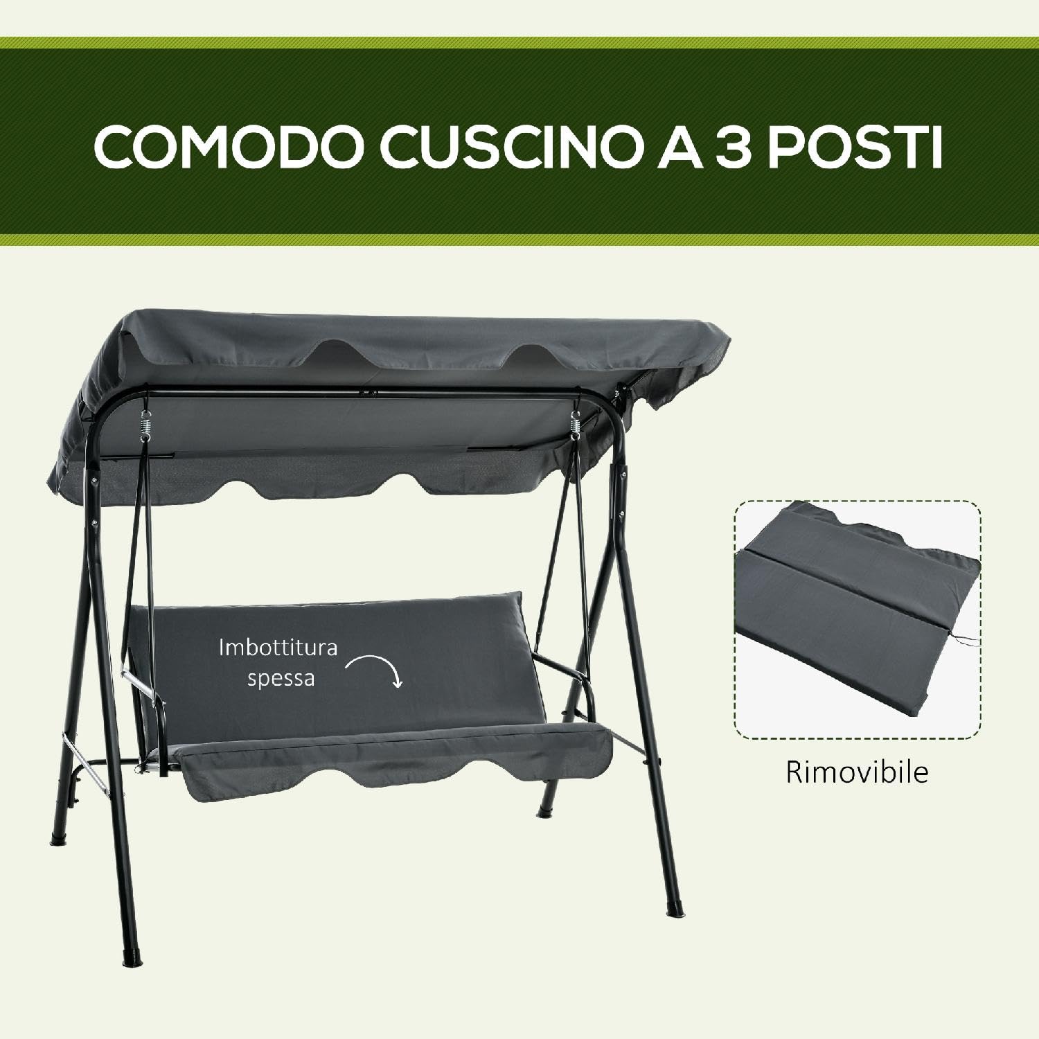 Dondolo da Giardino 3 Posti con Tettuccio Parasole in Acciaio/Poliestere Dimensioni 172x110x153 cm Colore Grigio