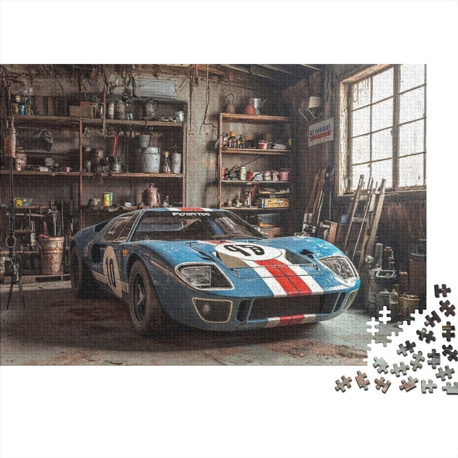 Classic Racing Car Unique Challenging Jigsaw Puzzle Puzzle Eco-Friendly Decorative Garage Race Car for Team Building 70x50cm/1000pcs