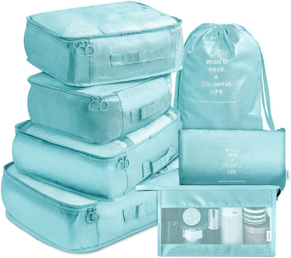 House of Quirk 7Pcs Set Travel Organizer Packing Cubes Lightweight Travel Luggage Organizers With Laundry Bag Or Toiletry Bag (Light Blue, Fabric), 30 Centimeters, 12 Centimeters
