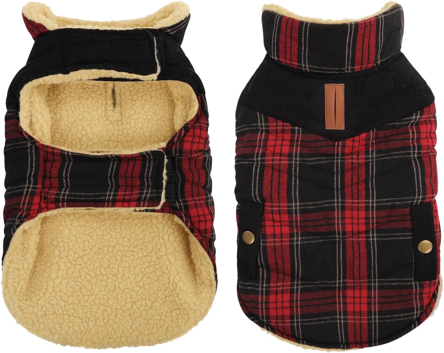 Queenmore Dog Winter Coat Warm Dog Jacket for Cold Weather, Quilting Puffer Plaid Coats for Small/Medium Dogs Waterproof,Girl/Boy Dog Christmas Coat,Dog Snowsuit with Leash Hole/Fleece Padding, L Large Red Plaid