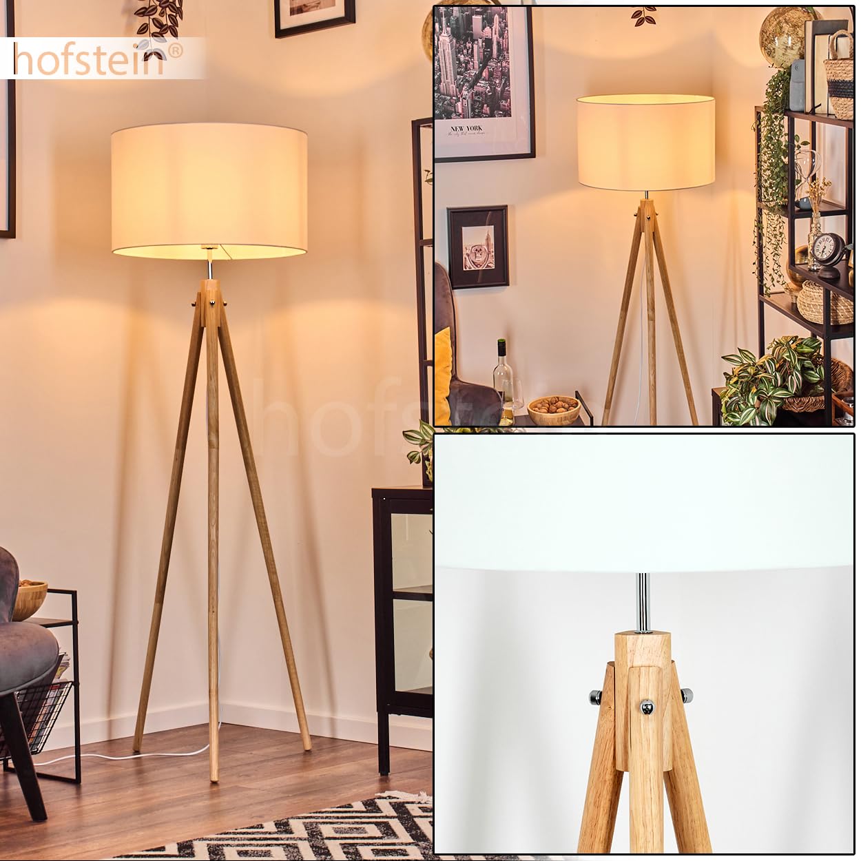 Stehleuchte Flemming, Stehlampe aus Holz/Stoff in Naturfarben/Weiß, Leuchte im skandinavischen Design mit rundem Schirm (Ø 50 cm) u. Fußschalter, Höhe 162 cm, 1 x E27, ohne Leuchtmittel
