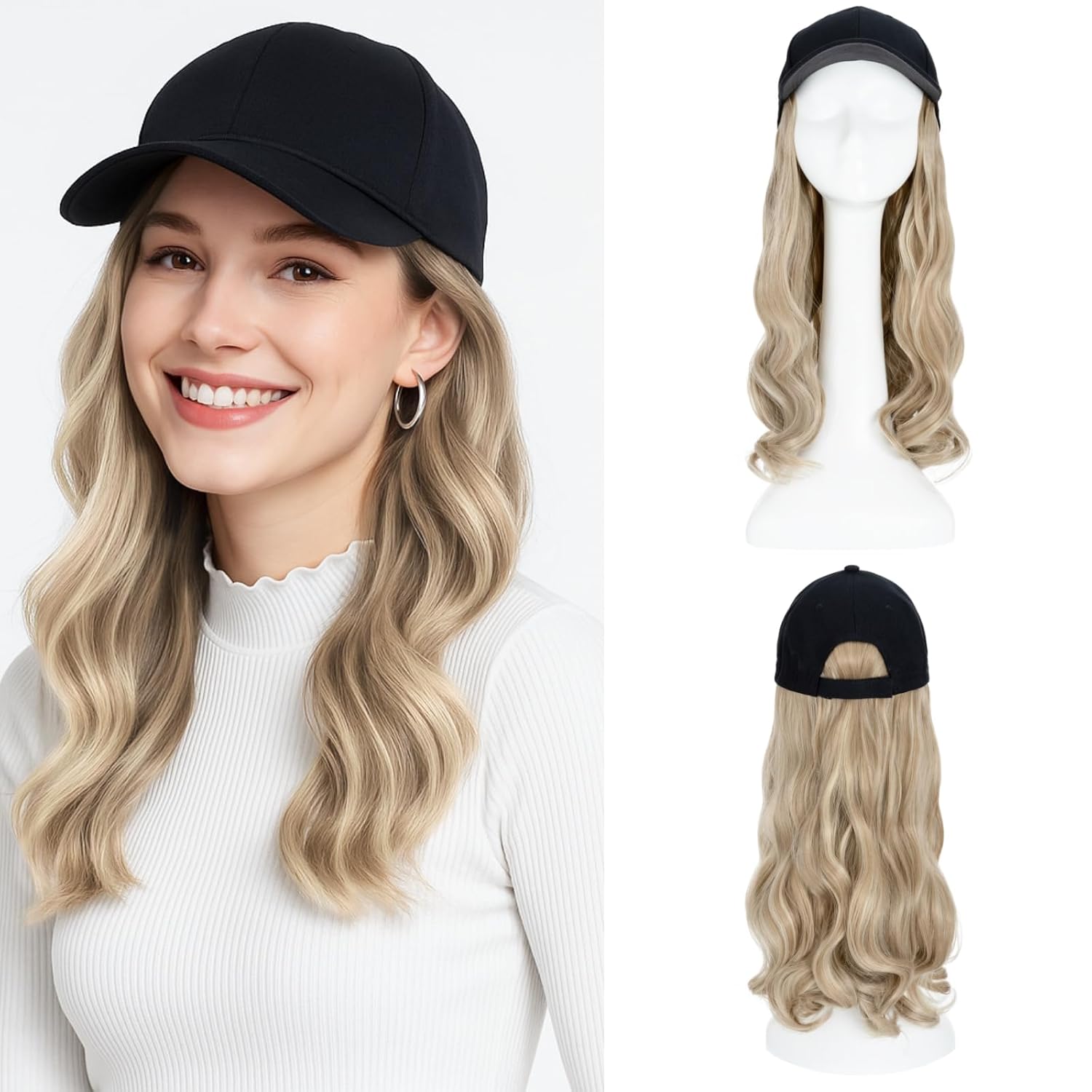 SEGO Hat Wig, Hat with Hair Attached for Women Black Baseball Cap with Hair Extensions, Long Wavy Baseball Cap Wig Adjustable Hats for Daily Party 16 Inch #16P613 Ash Blonde Mix Bleach Blonde