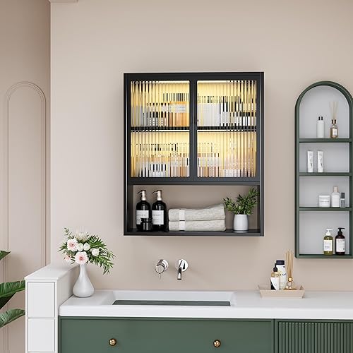 Miniatura 5 de Armario de pared de metal con puertas de vidrio y luces LED, botiquín montado en la pared sobre el inodoro, gabinete de almacenamiento que ahorra