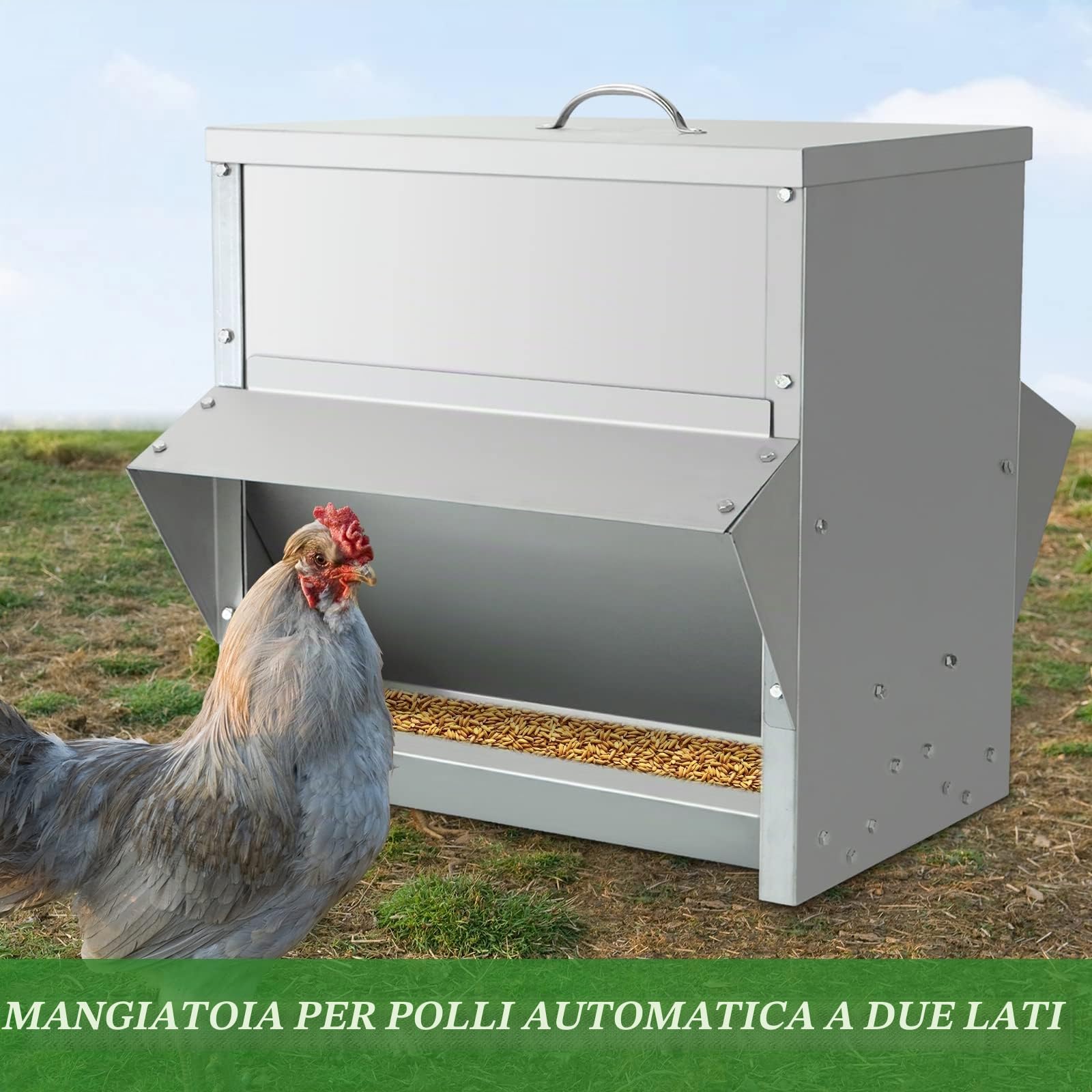 Mangiatoia Galline 25KG Automatica Da Esterno, Mangiatoia Per Polli Antispreco/Antipioggia In Acciaio Inossidabile, 40.5x29x41cm