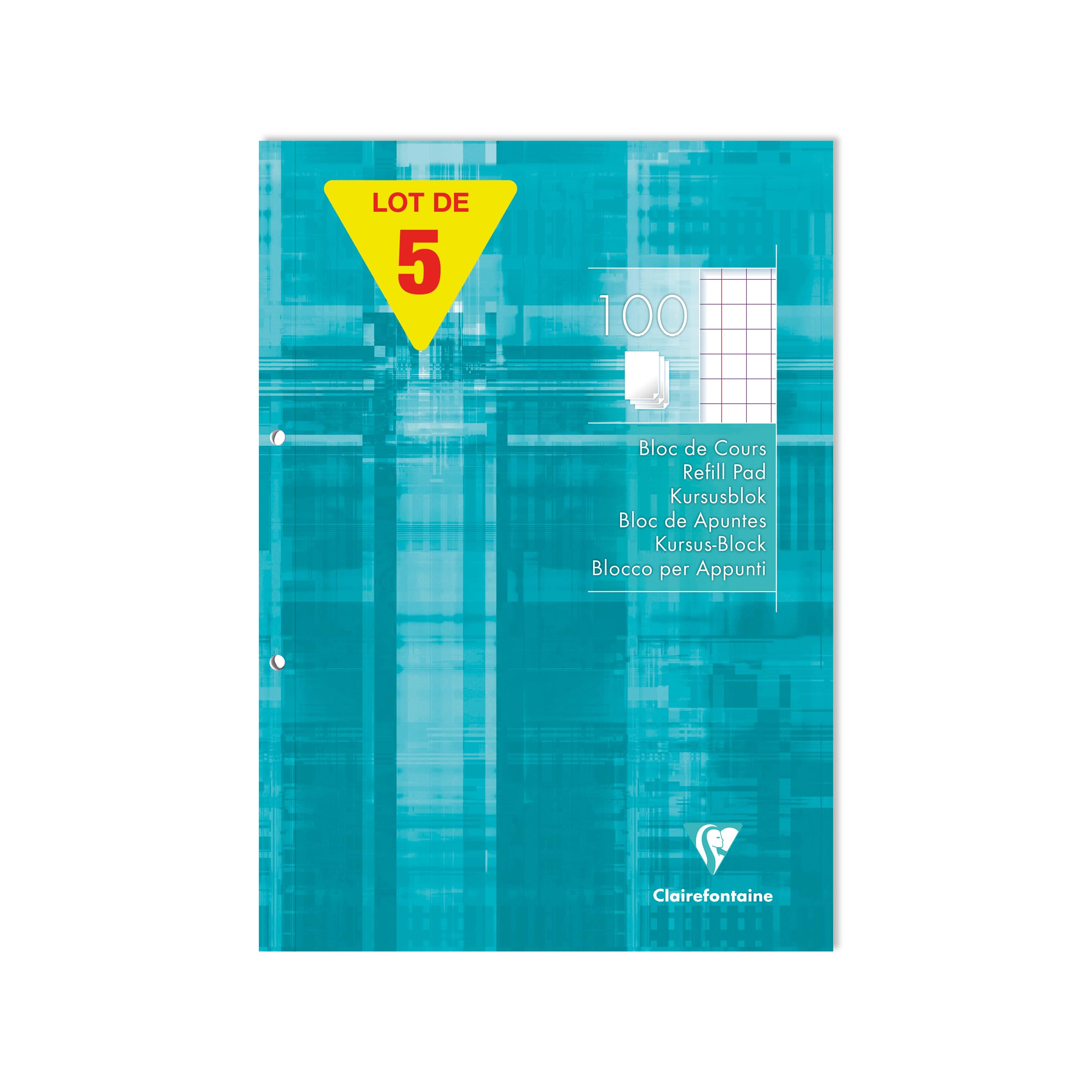 Clairefontaine 5810C - Set of 5 Turquoise Perforated Pasted Course Pads - A4 21x29,7 cm - 200 Grid Pages 10x10 with Margin - 90 g White Paper - Laminated Hardcover