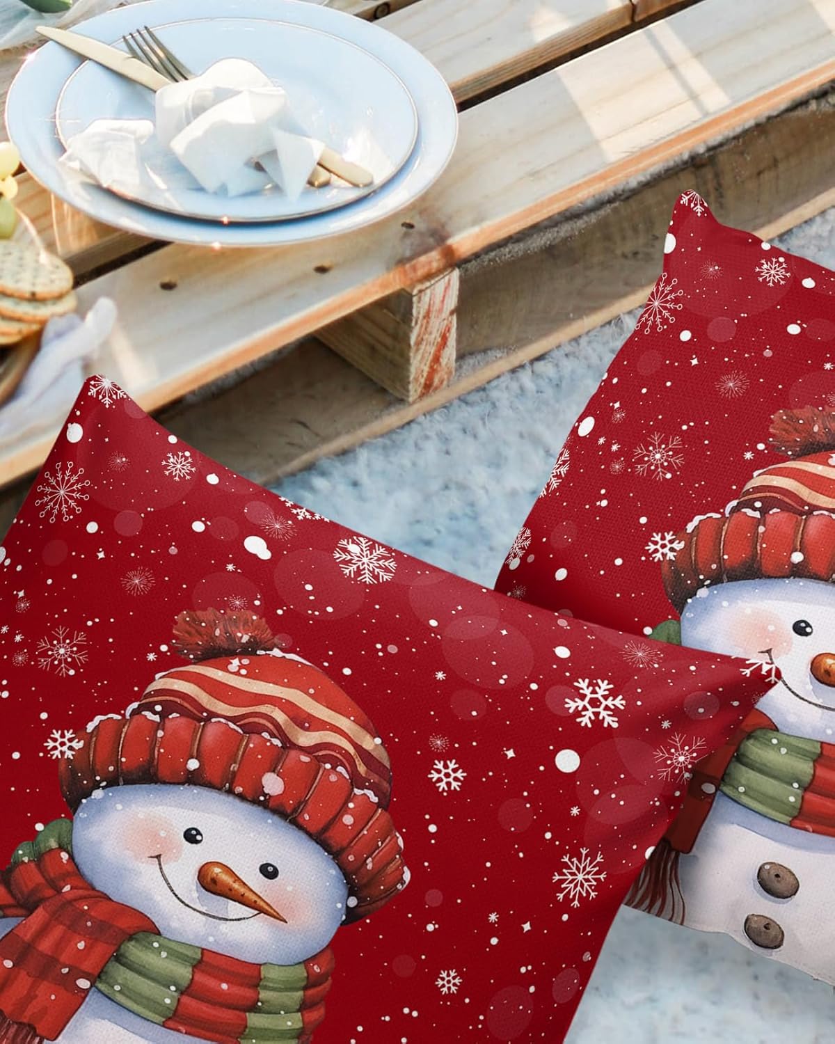 Christmas Snowman Outdoor Pillow Covers Set of 2,Cartoon Hat Scarf Snowmans Decorative Waterproof Throw Pillowcase Cotton Linen Soft Cozy Cushion Cover Pillowsham 20x20In Xmas Snowflake on Red