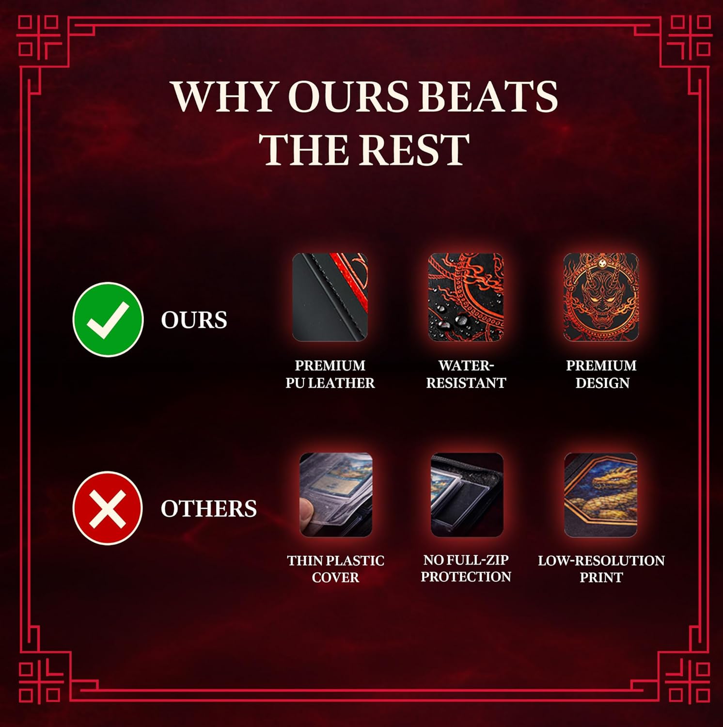 SleeveChief Blood Oni Trading Card Binder | 360 Card Binder with Zipper, 9 Pocket Side Loading Pages for Cards with Sleeves | Water Resistant PU Leather TCG Binder for All Trading Card Games