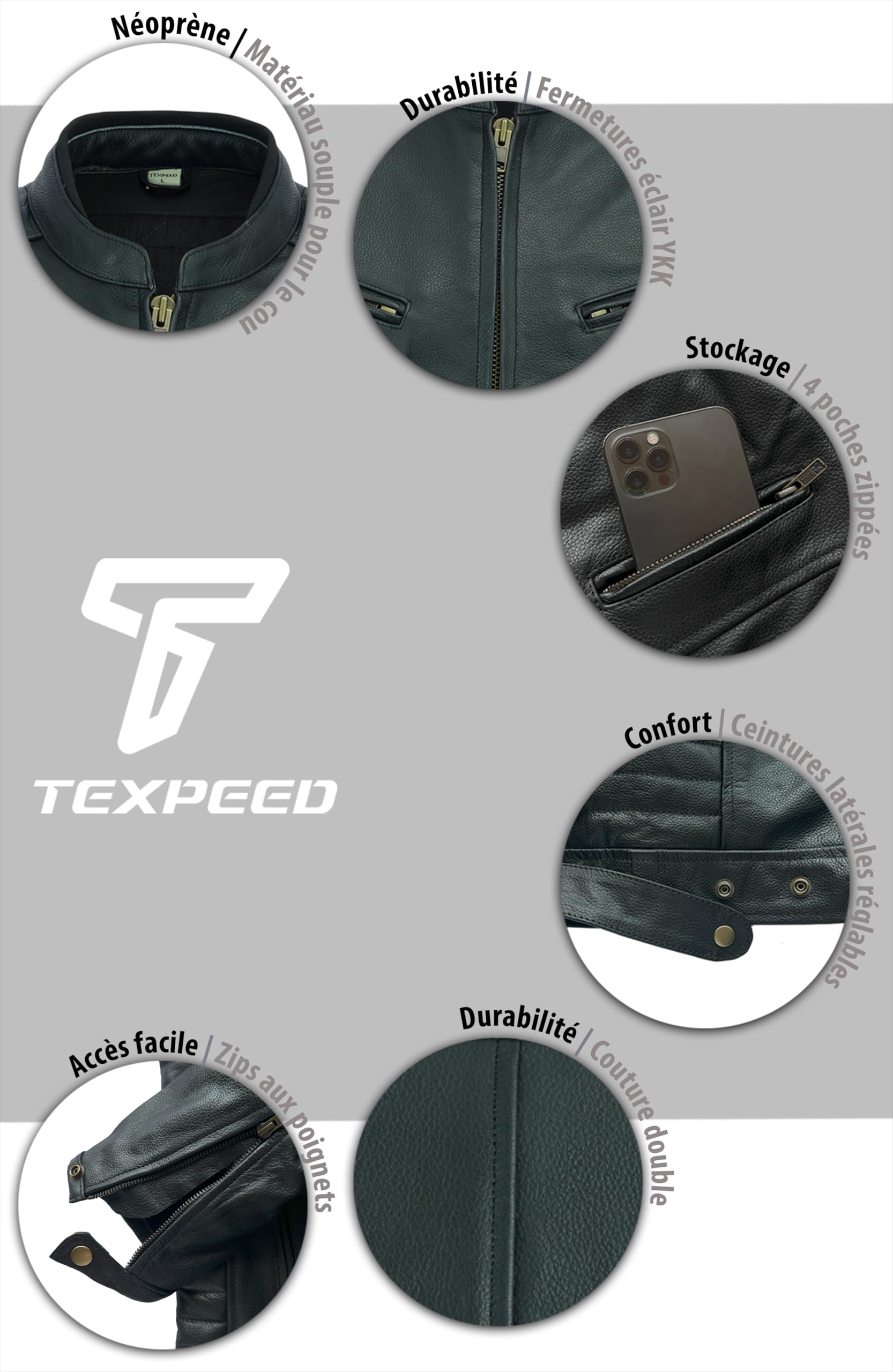 Texpeed blouson de moto en cuir pour homme - Veste de moto de tourisme avec protection biker CE armor (EN 1621-1) - Noir - XL | EN 17092 Vêtement Moto Renforcé, EN 1621-1 [Niveau 1] Armure Motard Flexible, Doublure Hiver, Cuir de Vache Véritable
