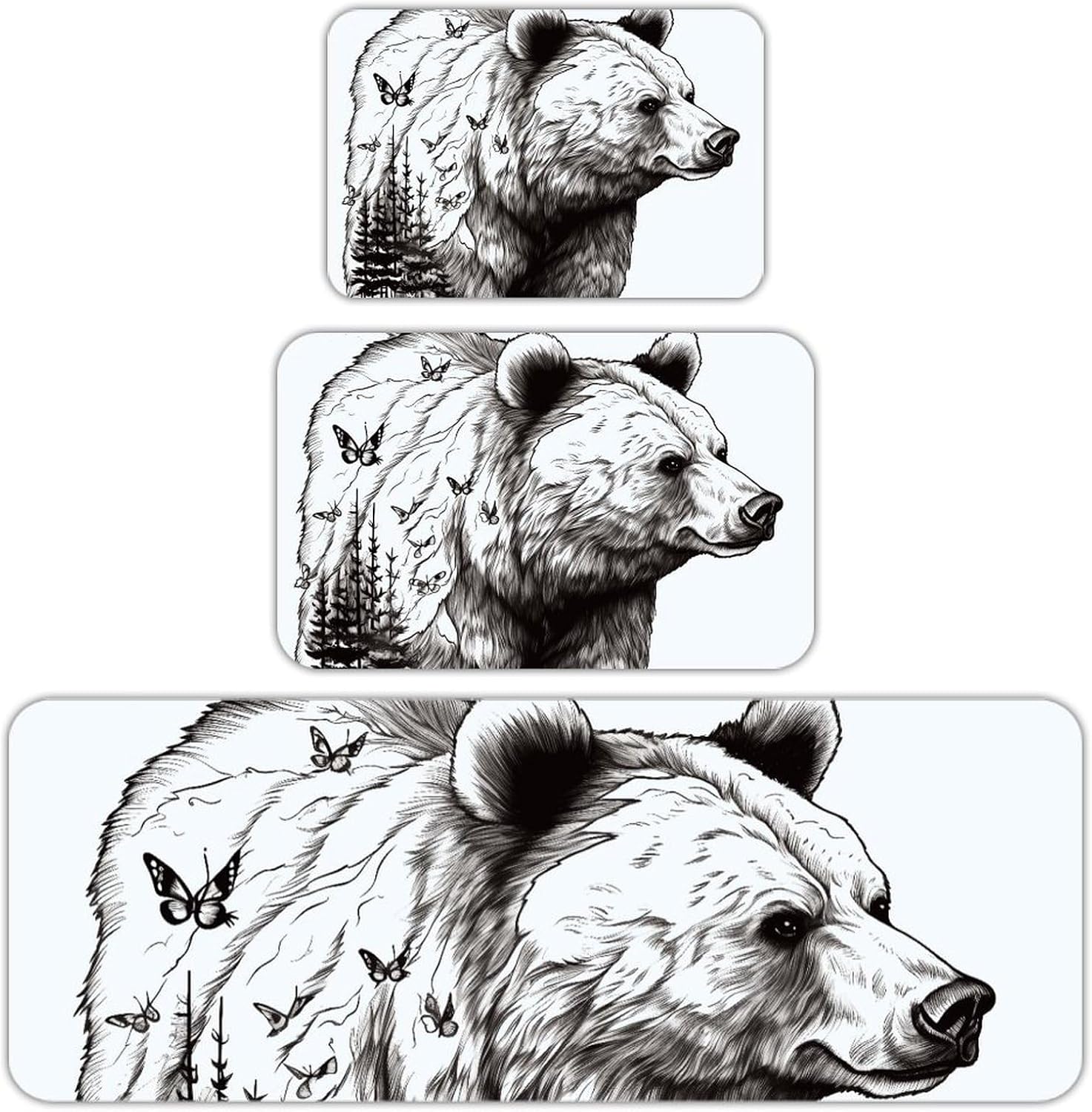 Wildlife Hand Drawn Bear Animal Kitchen Mats for Floor 3 Pcs Kitchen Rugs