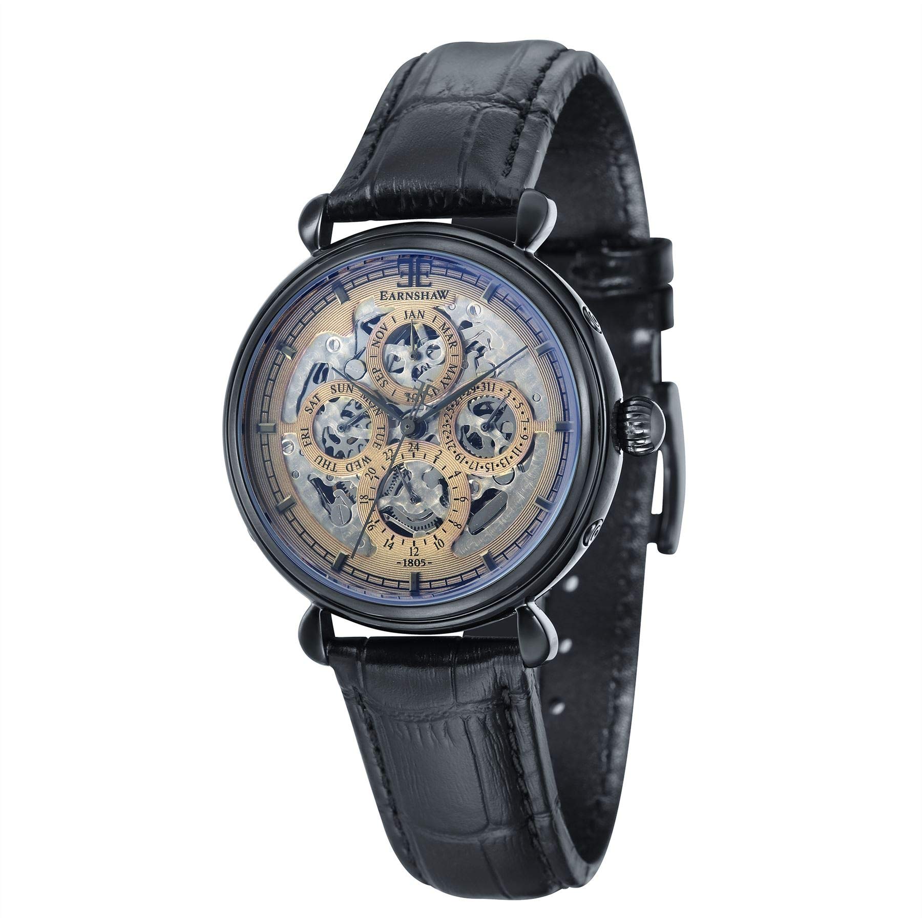 Thomas Earnshaw Men's Grand Calendar from the Midnight Collection Automatic Watch with Grey Dial Analogue Display and Black Leather Strap ES-8043-06