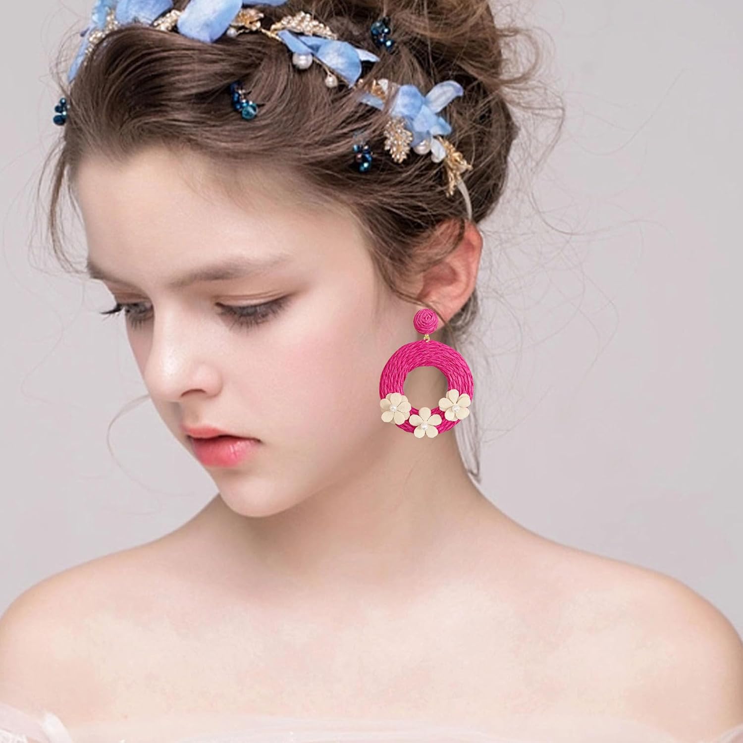 Round Circle Statement Raffia Earrings Boho Rattan Dangle Lightweight Straw Wrap Summer Drop Dangling Earrings for Women - Image 3