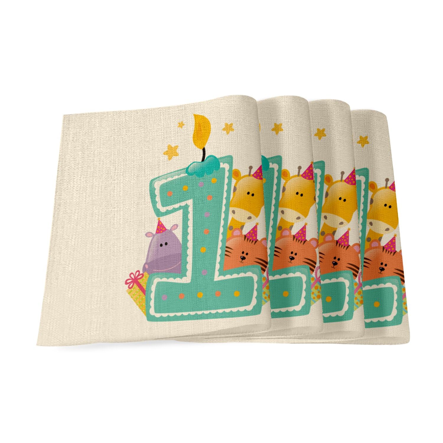 Sets de table en lin girafe pour animer le repas de fête du premier anniversaire de bébé