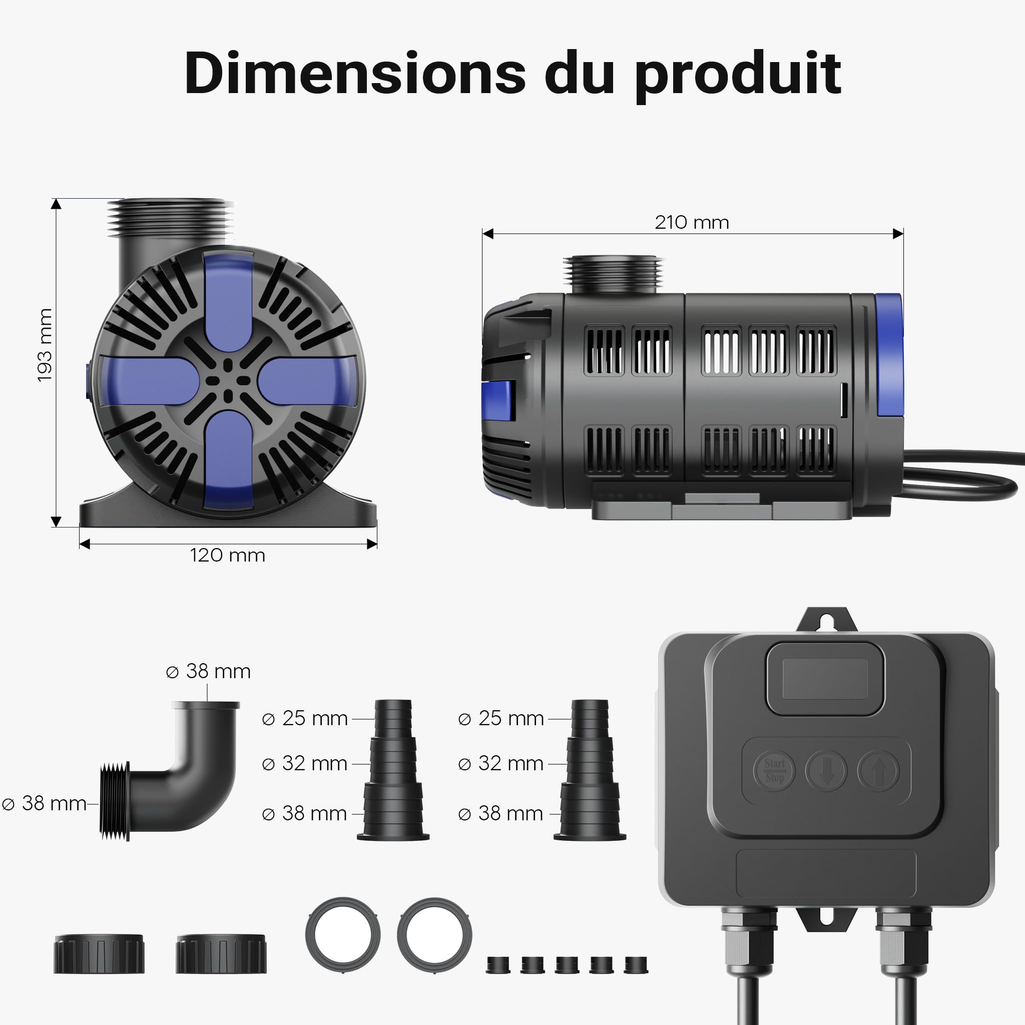 SunSun CET-15000 Pompe de Bassin réglable SuperECO - 210 x 120 x 139 mm - débit max. 15000 l/h / 180 W/refoulement max. 8 m - Filtration Circulation eau jardin avec Accessoires