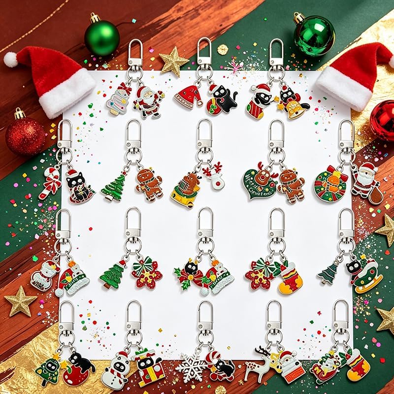 24 Pcs Christmas Keychain Set for Women Men Charm Keychain Bags Lanyards Xmas Jewelry Gifts image 5