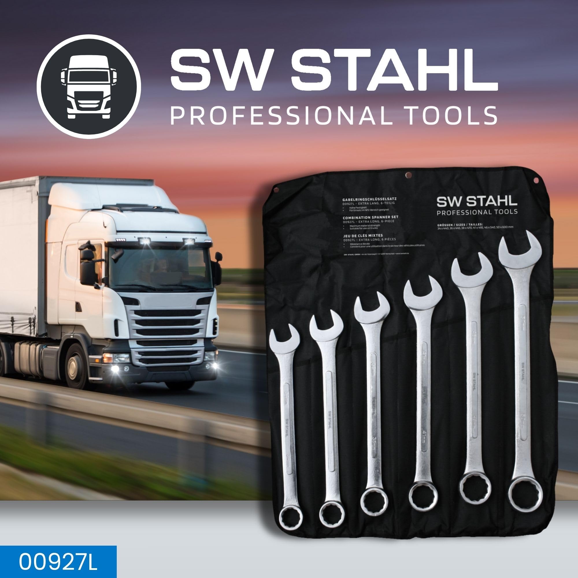 SW-Stahl 00927L Jumbo Gabelringschlüsselsatz - 34-50 mm - 6-teilig | Extra Lange Ausführung - Mattverchromter Chrom-Vanadium-Stahl - Inklusive Rolltasche - Maulringschlüssel Set