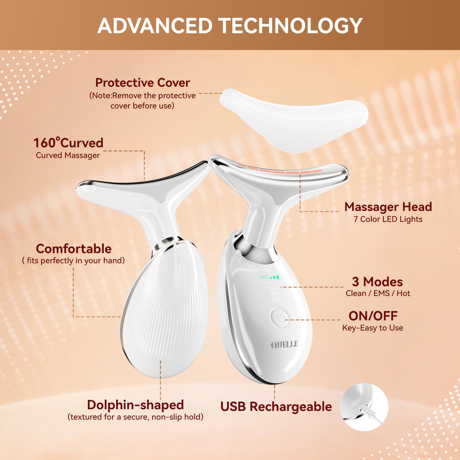 QUELLE Appareil Massage Visage Anti Rides, Masseur Visage Électrique Lifting avec 7 Couleurs LED et EMS, 3 Modes et Chaleur 45°C, Appareil Lifting Visage pour Massage Visage et Cou