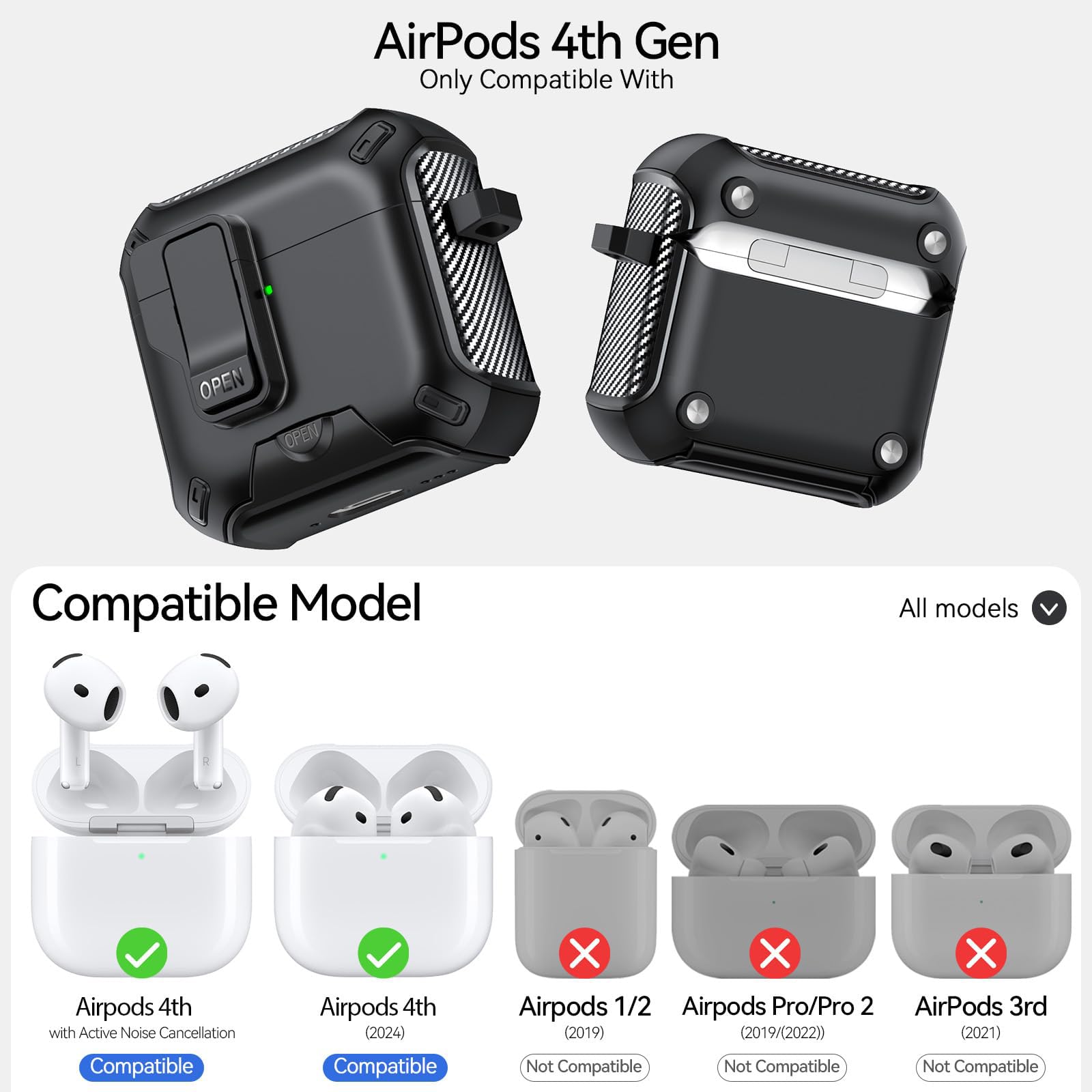 Compatibile con Custodia AirPods 4 con supporto per telefono, Cover in design fibra di carbonio per AirPods 4 versione ANC con chiusura automatica a scatto e pennello per pulizia (Nero) | Autopop - Supporto magnetico posteriore in fibra di carbonio, con p