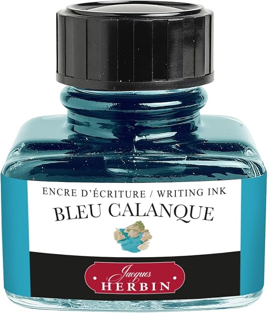 Jacques Herbin - Ref 13014T - Ink for Fountain Pens & Rollerball Pens - Blue Calanque / Creek Blue - 30ml Bottle with Integrated Pen Rest - Blue-Coloured Ink