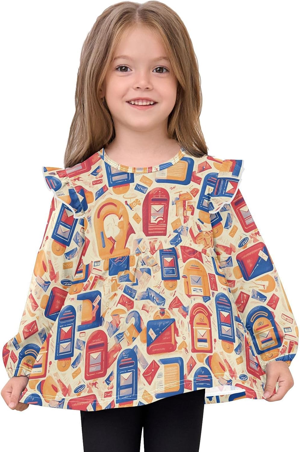 visesunny Toddler Clothes for Girls Vintage Mailbox Letter Pattern Long Sleeve Fall Shirts Cotton Top with Ruffle Collar