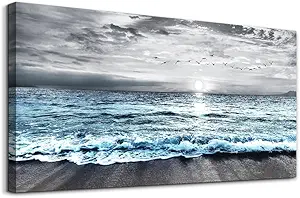 Canvas Wall Art For Living Room Wall Decorations For Bedroom Office Wall Decor Black And White Wall Painting Blue Ocean Sea Wave Pictures Artwork For Modern Framed Beach Posters Home Decor 20"X40"