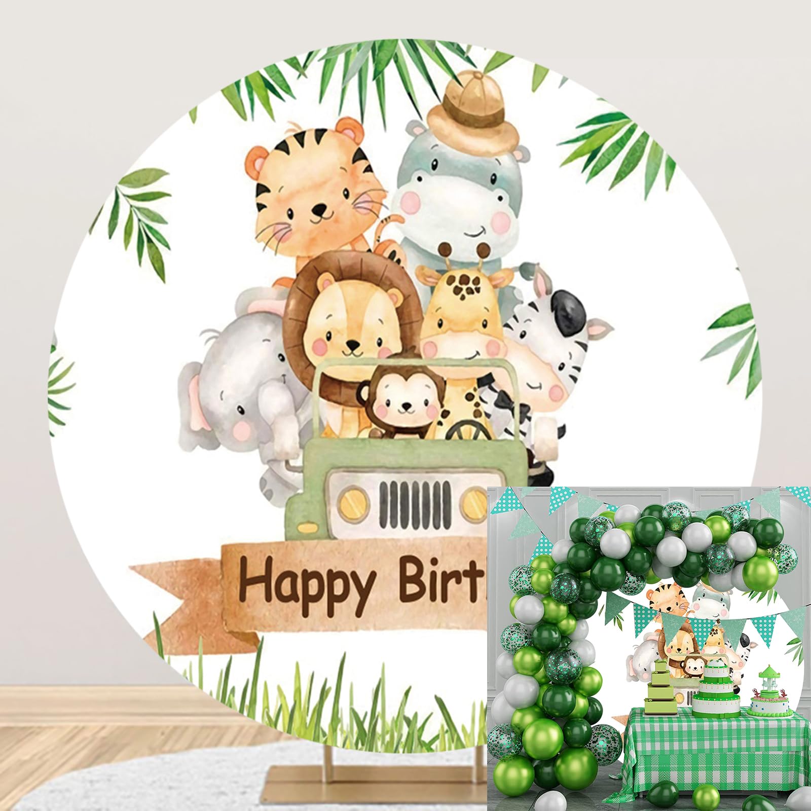 2m Sfondo Rotondo per Compleanno con Animali Della Giungla Giungla Animali Piante Tropicali Fotografia Bambino Doccia Sfondo Copertura Bambini 1 ° Compleanno Decorazione Banner Studio Prop