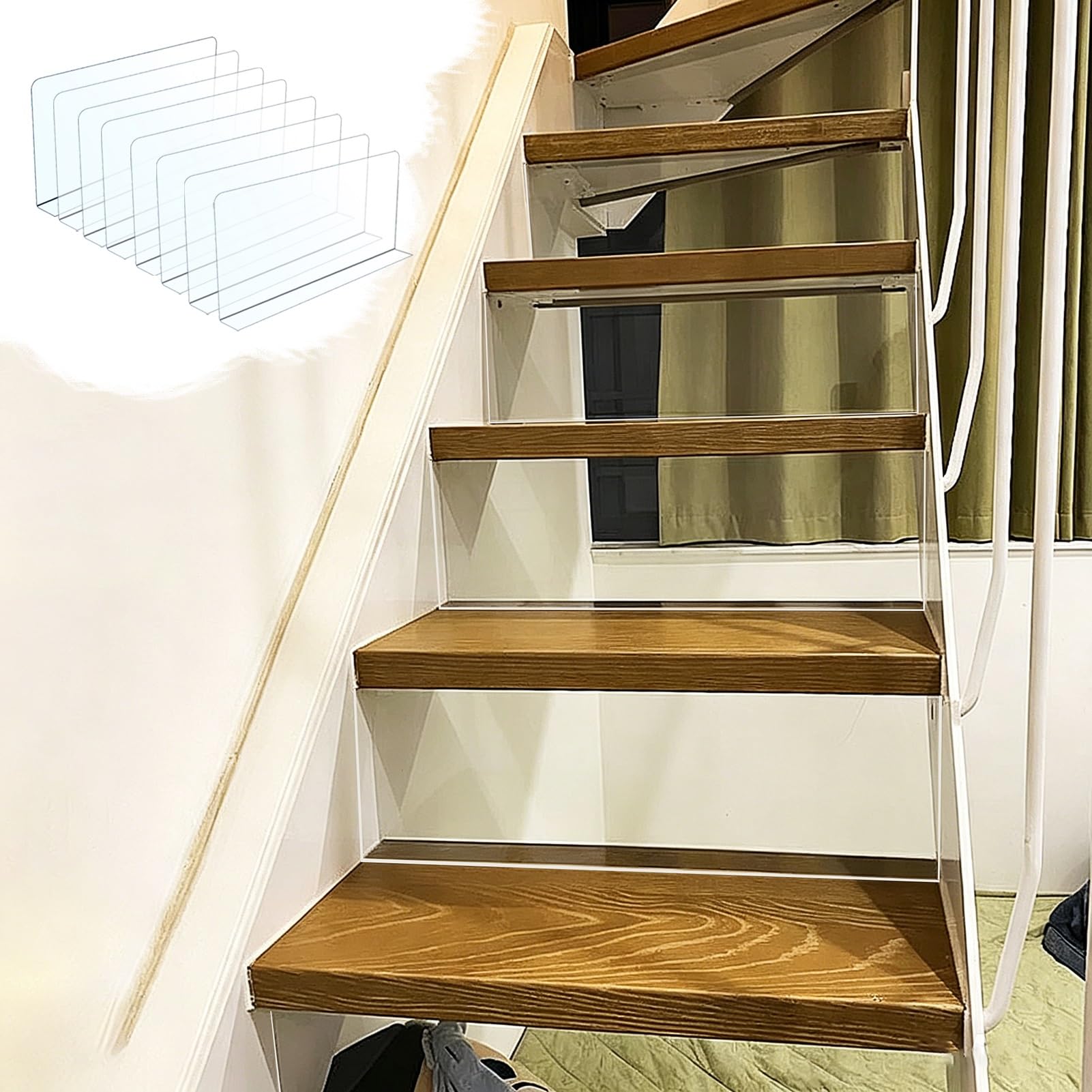 Bloqueur escalier transparent anti-chute avec mastic adhésif meuble bois