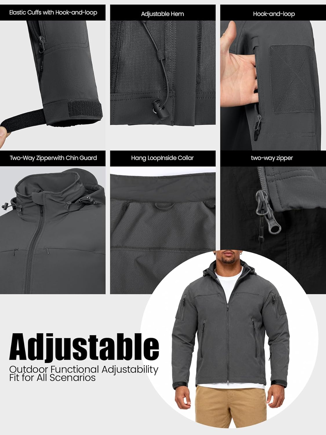 Men’s Tactical Jacket Lightweight Hooded Windbreaker Water Resistant Stretch Breathable 9 Pockets Outdoor Work Coat - Image 6