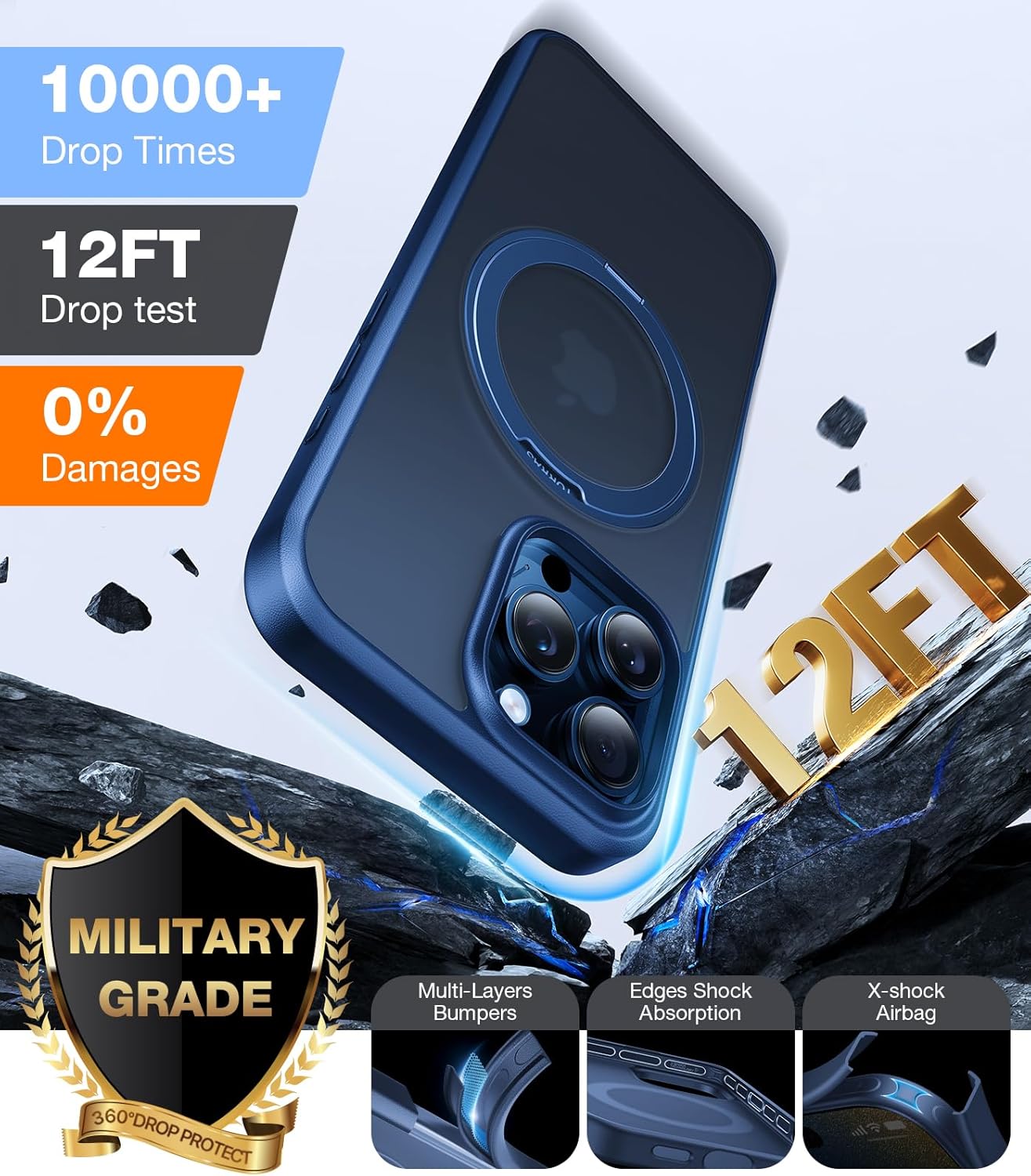 TORRAS Upgraded 360 Rotatable Magnetic Ring for iPhone 15 Pro Max Case, Fit for MagSafe with Stand Ring Holder, 16FT Mil-Grade Shockproof Translucent for iPhone 15 Pro Max Phone Case Ostand, Blue