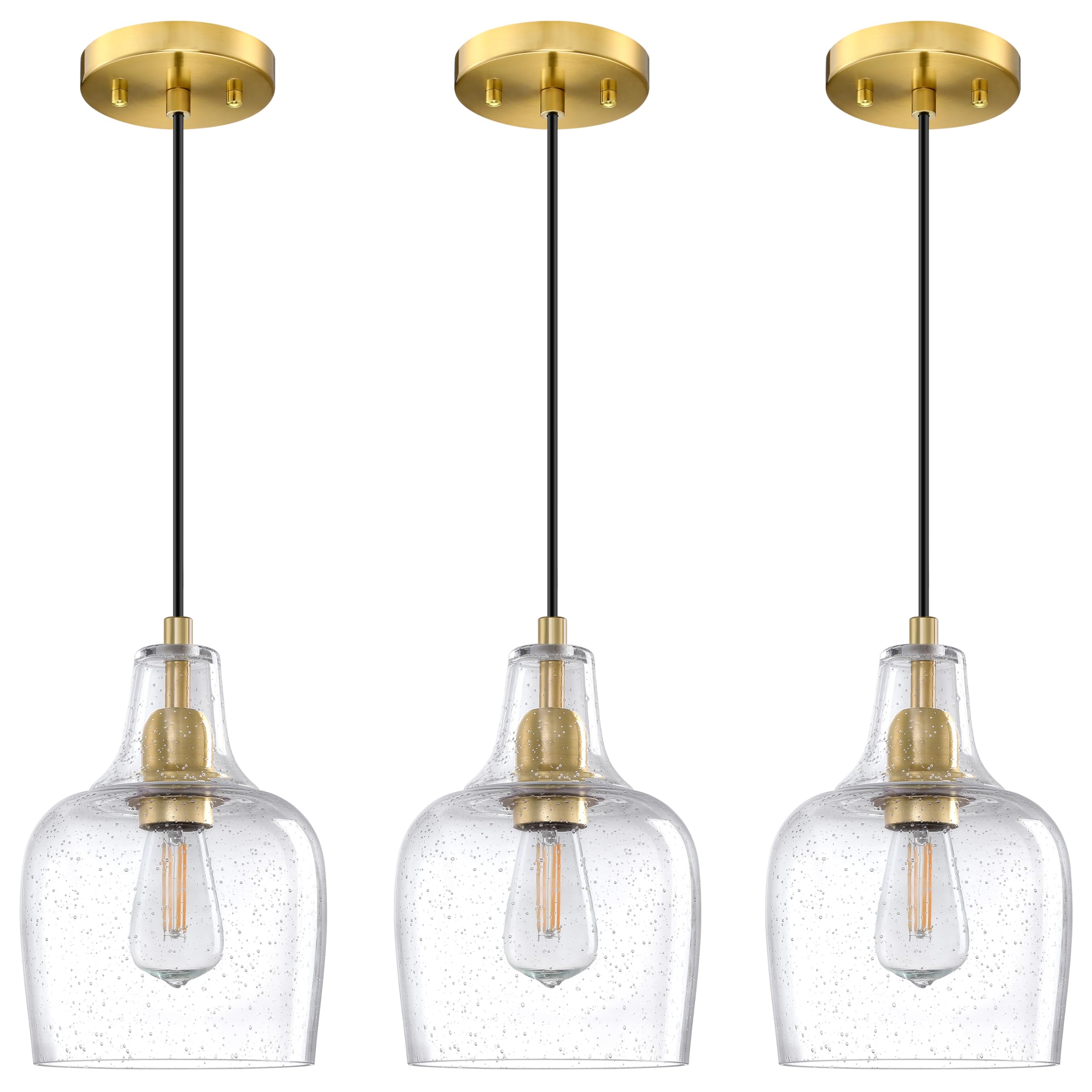 3 Pack 1 Light Hanging Indoor Kitchen Island Pendant Light 6.1" Clear Seeded Glass Pendant Ceiling Light Fixtures Brushed Bronze Finish Modern Farmhouse Dinning Over Sink