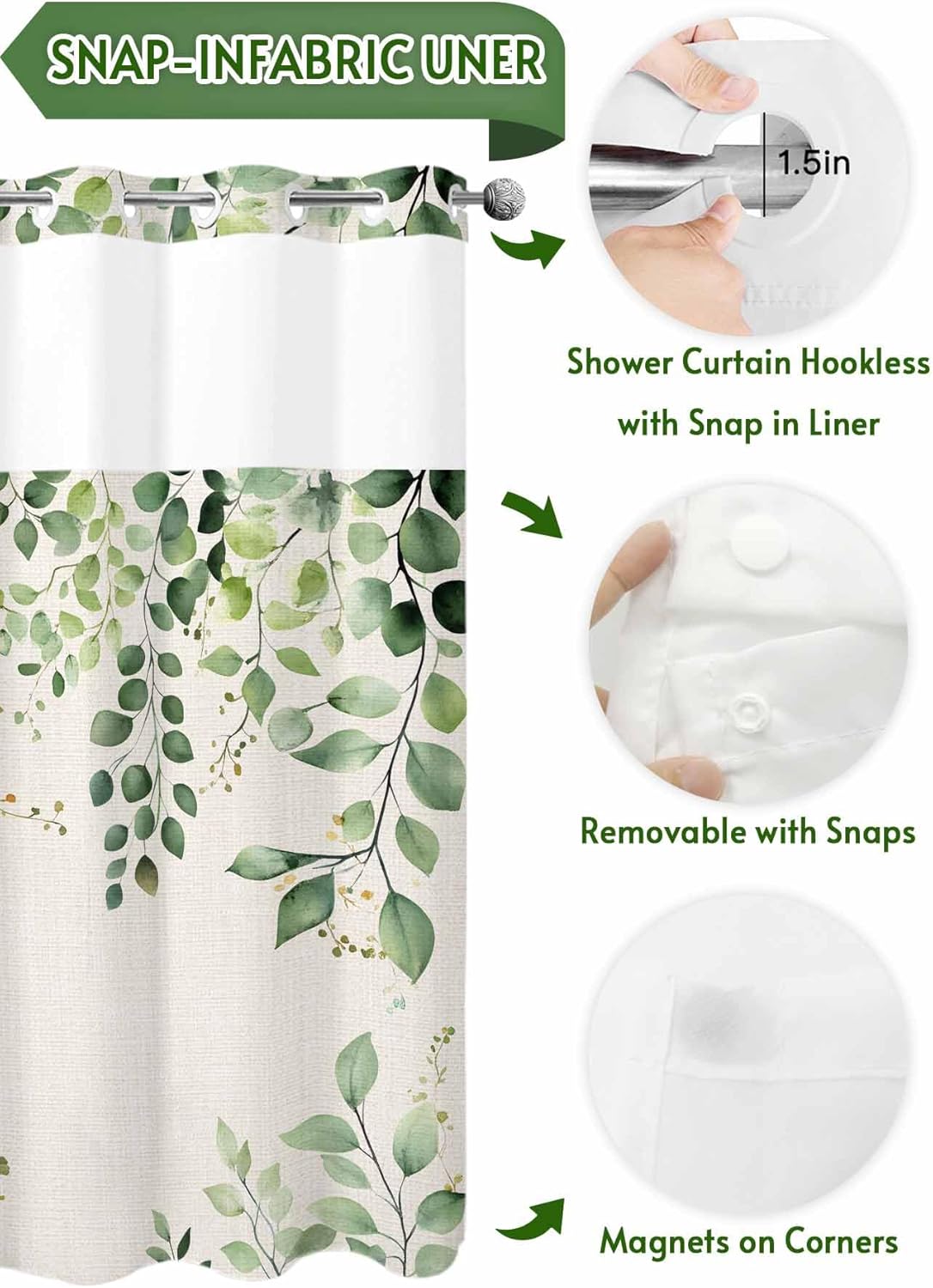 No Hooks Shower Curtain with Snap in Fabric Liner Set,Sage Green Eucalyptus Leaf on Retro Linen Shower Curtains Waterproof & Washable Bathroom Curtain with See Through Top Window,Hotel Style,66x72in