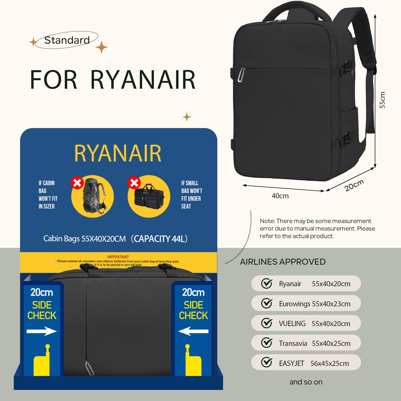 für Ryanair Handgepäck 55x40x20,Rucksack Handgepäck,Reiserucksack Handgepäck Flugzeug,44L,mit 17.3" Laptopfach und Diebstahlschutztasche,Unisex,Schwarz