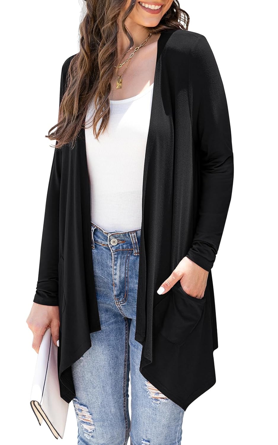 Womens Lightweight Cardigan Casual Soft Long Sleeve Floral Knit Cardigans with Pockets High Low Hem Draped Duster