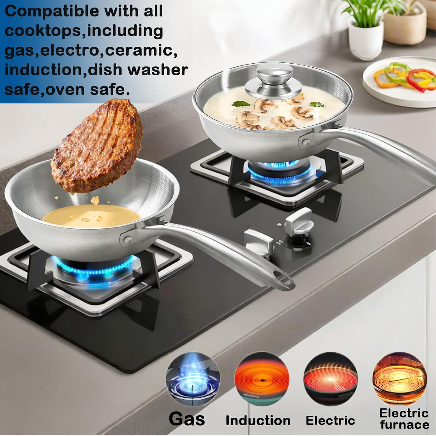 Stainless Steel Saucier Pan with Lid, 1.3 Quart Saucepan with Lid, 8inch Frying Pan, 3-Ply Heavy Bottom Sauce Pan Cookware for All Stovetops,1200Ml/40OZ