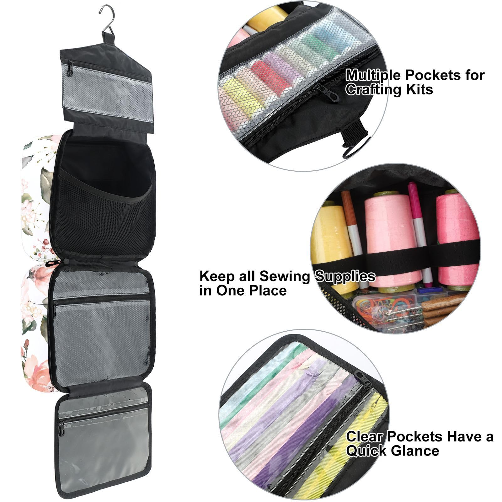 YNNALE Sewing Supply Organizer Bag, Pink Floral Watercolor Flower Portable Sewing Bags with Pockets&Hanger, Sewing Storage Box Case for Sew Supplies/Kit/Tools/Accessories (BAG ONLY)