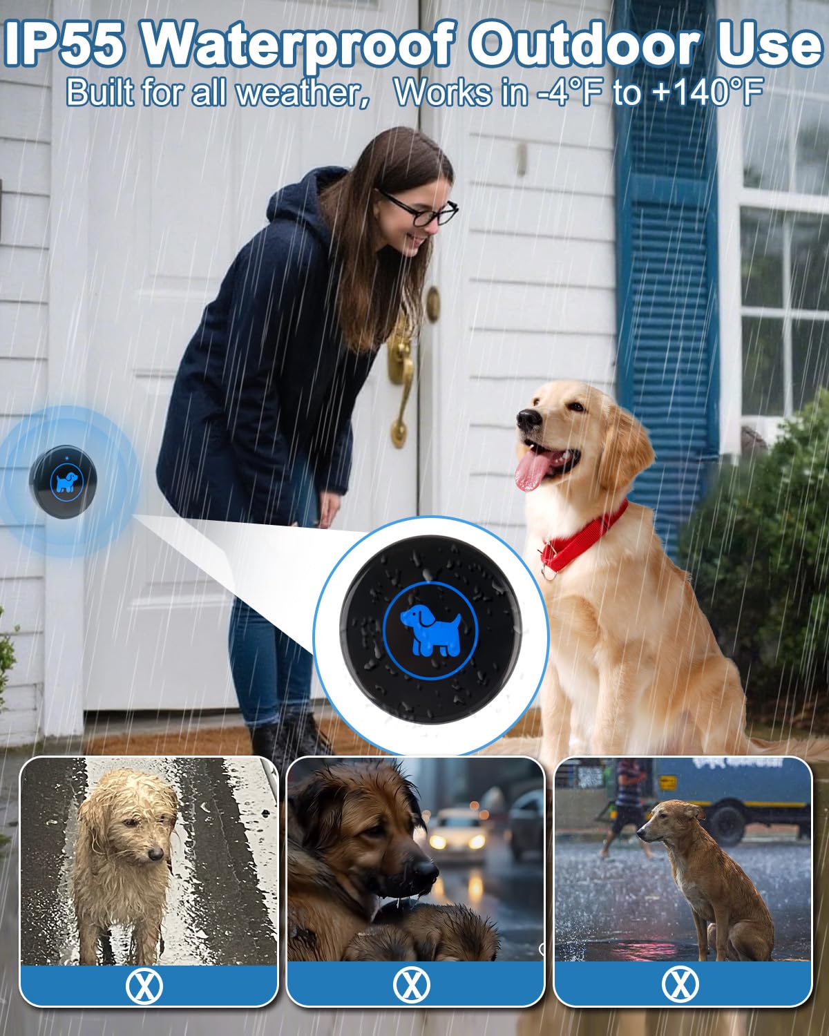Timbres inalámbricos para perros para entrenamiento de orinal, campanas de perro para salir, rango de 1000 pies, botón impermeable, 55 melodías y 5 modos de notificación (3 botones)