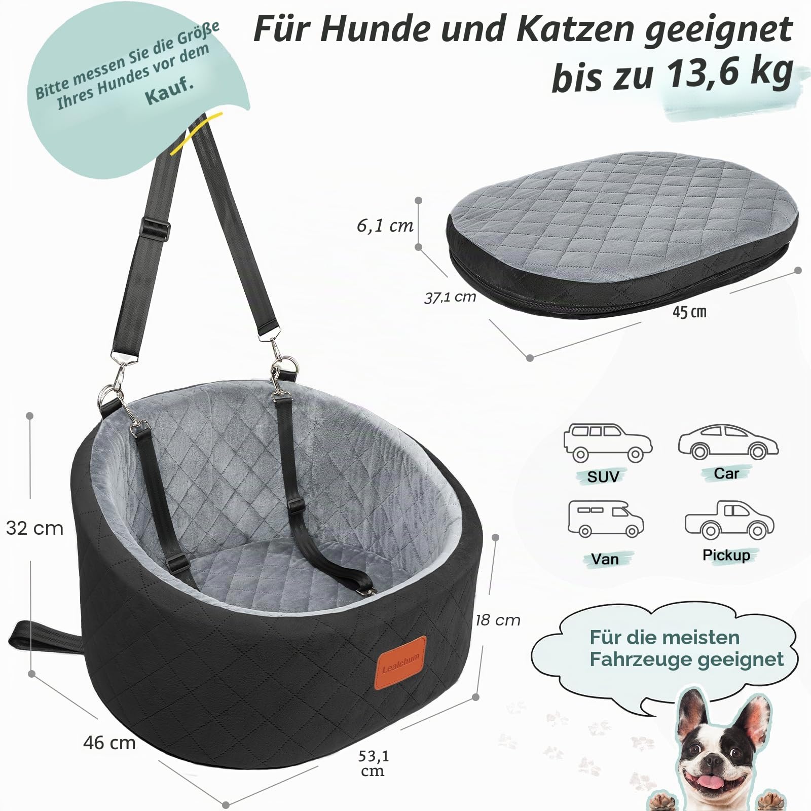Lealchum Hunde-Autositz, bequemer Haustier-Autositz mit Sicherheitsleinen zum Anklippen, waschbares Reise-Autobett mit Rutschfester Unterseite (Black/Grey, Small)