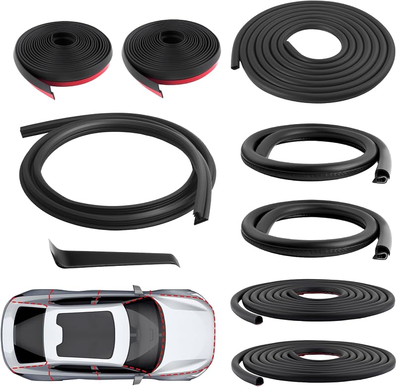 8PCS Car Weather Stripping Door Seal Kit,Car Door Seal Strip with 5 Types | Fit A/B/C-Pillar/Hood/Trunk/Dashboard,EPDM,Universal Fit,Sound-Absorbing Hole,Dustproof,Air-Tight Seal,with Tool,Easy Install