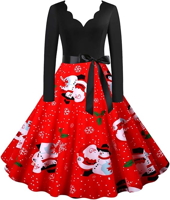 Amazon Co Jp クリスマスパーソナリティ クリスマスパーティードレス春秋の長袖v首雪だるまドレスクリスマス漫画サンタクロースカジュアルドレスを印刷 クリスマススーツ 服 ファッション小物
