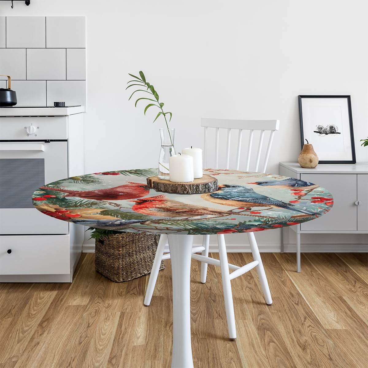 Round Tablecloth with Elastic Edge Cardinal Christmas Retro Fitted Circle Table Cover Wipeable Round Table Cloth for Indoor Outdoor Patio Dining Kitchen Festival Decor Gift for 45-50inch Tables