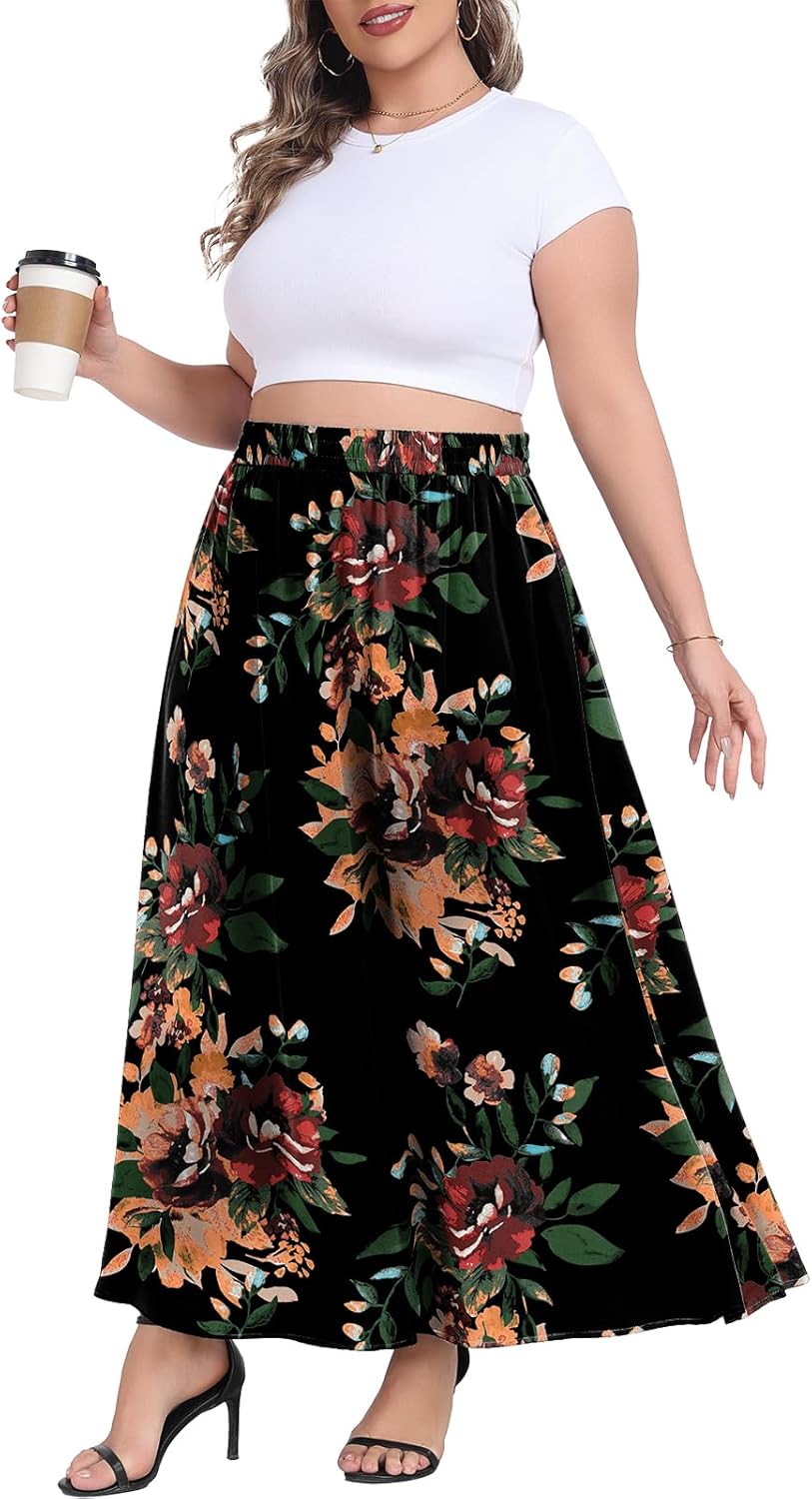 Lastshe Plus Size Maxi Skirts for Women Casual Elastic High Waist Inside Drawstring Flowy A-line Long Skirt with Pockets
