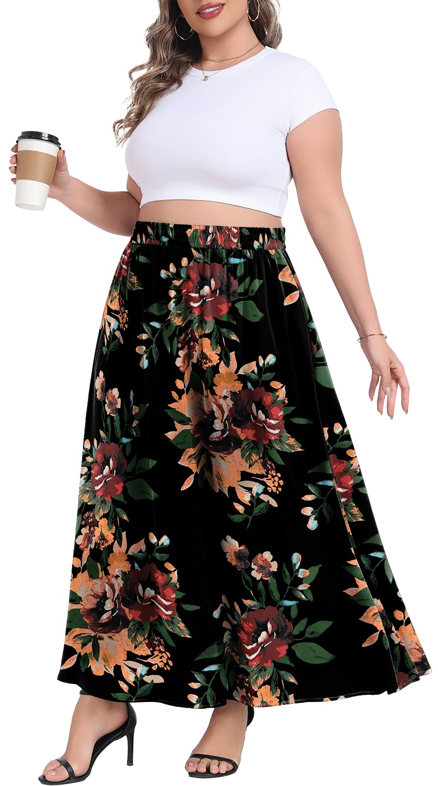 Lastshe Plus Size Maxi Skirt for Women Casual Elastic High Waist Boho Flowy A-line Spring Long Skirts with Pockets