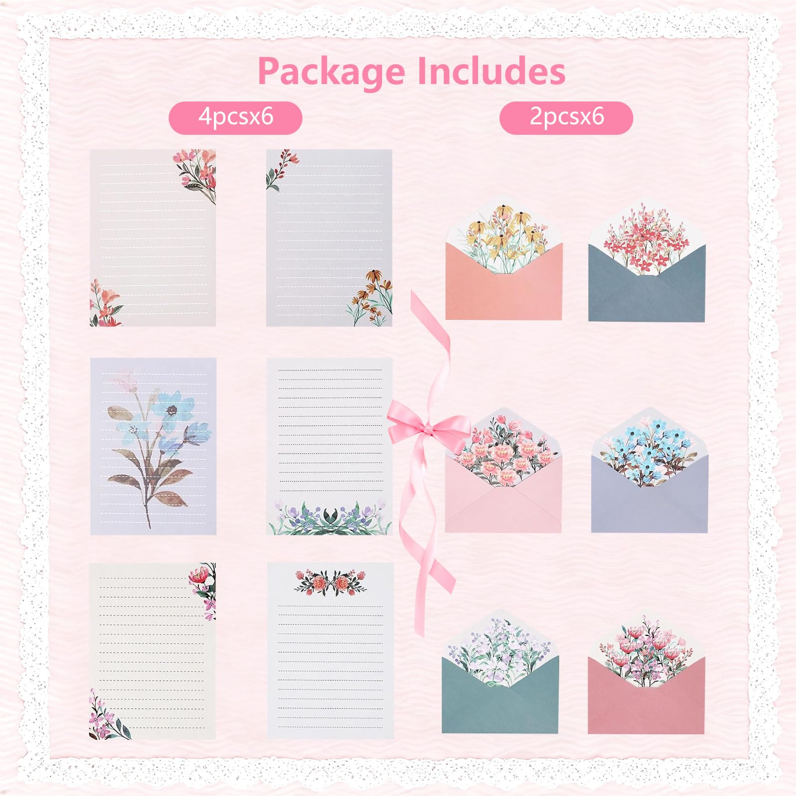 37-teiliges Briefpapier-Umschläge-Set enthält 24 linierte Briefpapiere und 12 Umschläge mit 48 runden Aufklebern, warmes Blumen-Thema, Briefpapier-Set für Hochzeitseinladungen, Wünsche, Blumen (6