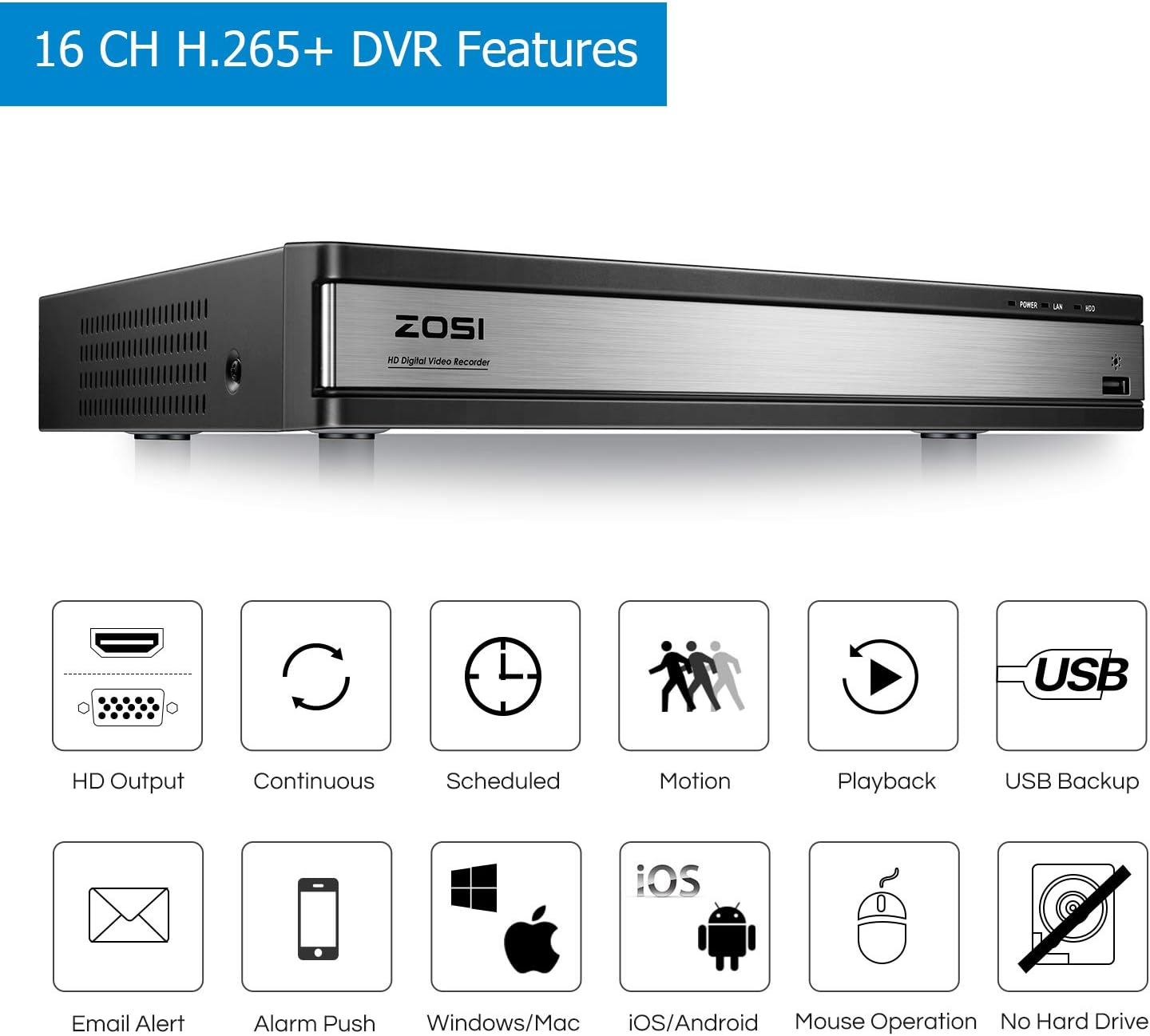 Exсluѕіvе ZOSI 1080p 16 Channel Security Camera System, H.265+ 16 Channel DVR Recorder and 12 x 1080p Weatherproof Surveillance CCTV Bullet Dome Camera Outdoor Indoor, 80ft Night Vision, 90° View Angle (No HDD)