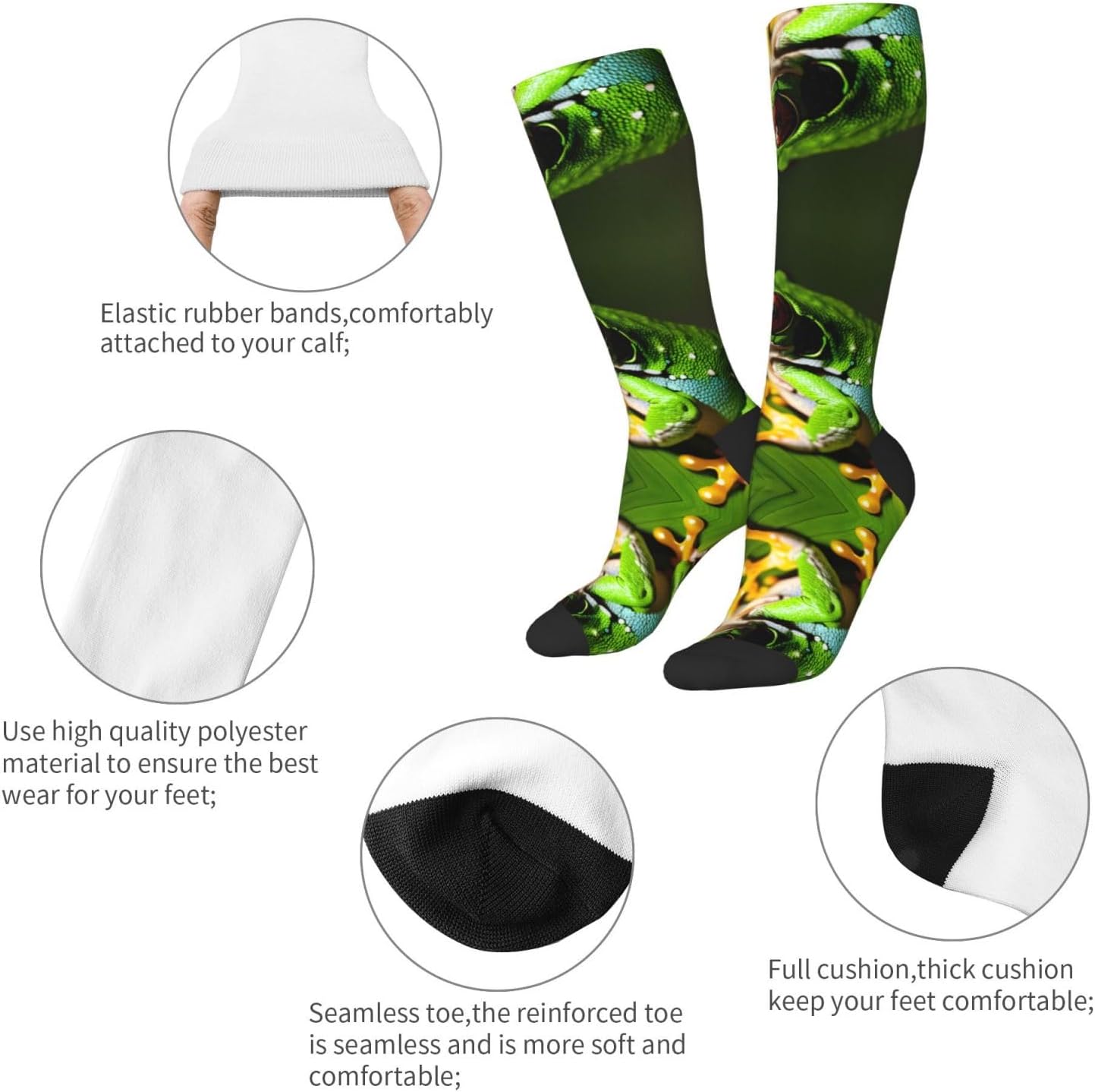Tree Frog Print Breathable Crew Neck Athletic High Socks,Suitable For Sports,Running,And Travel.