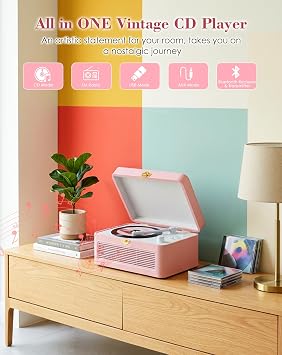Portable CD Player with Bluetooth, FM Radio and Remote – Pink